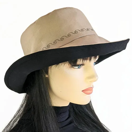 100-a Extra large bucket brim Sunblocker in neutral color with black trim, adjustable fit