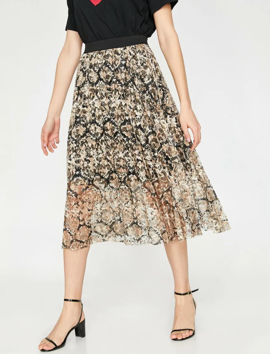 11953 Fawn Snake Patterned Midi Skirt