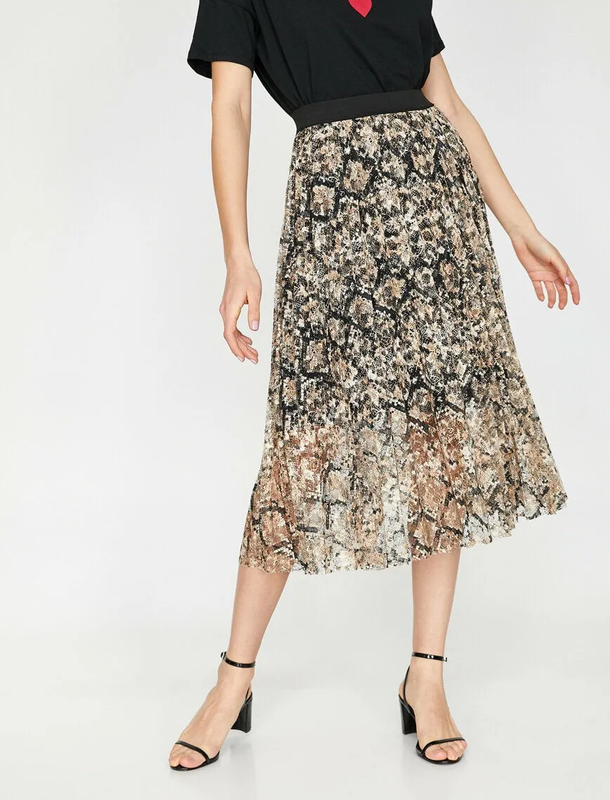 11953 Fawn Snake Patterned Midi Skirt