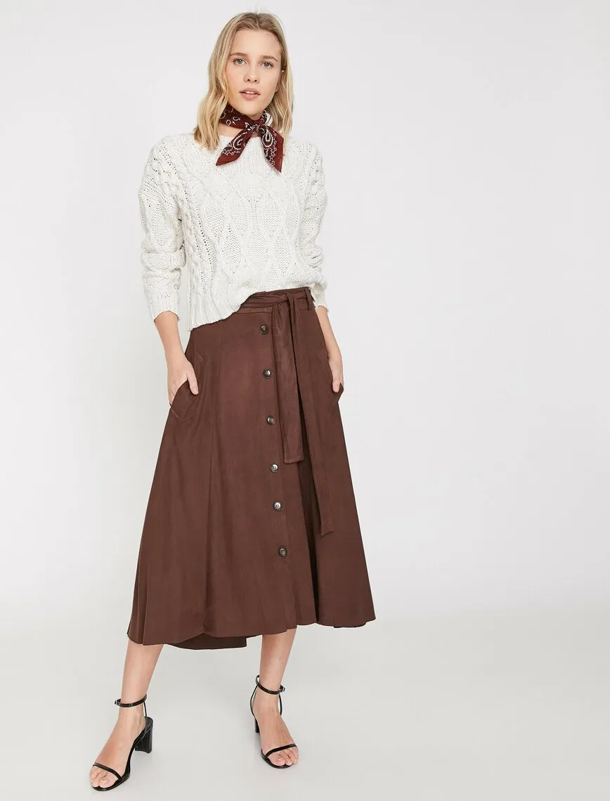 11961 Brown Tie Waist Midi Skirt