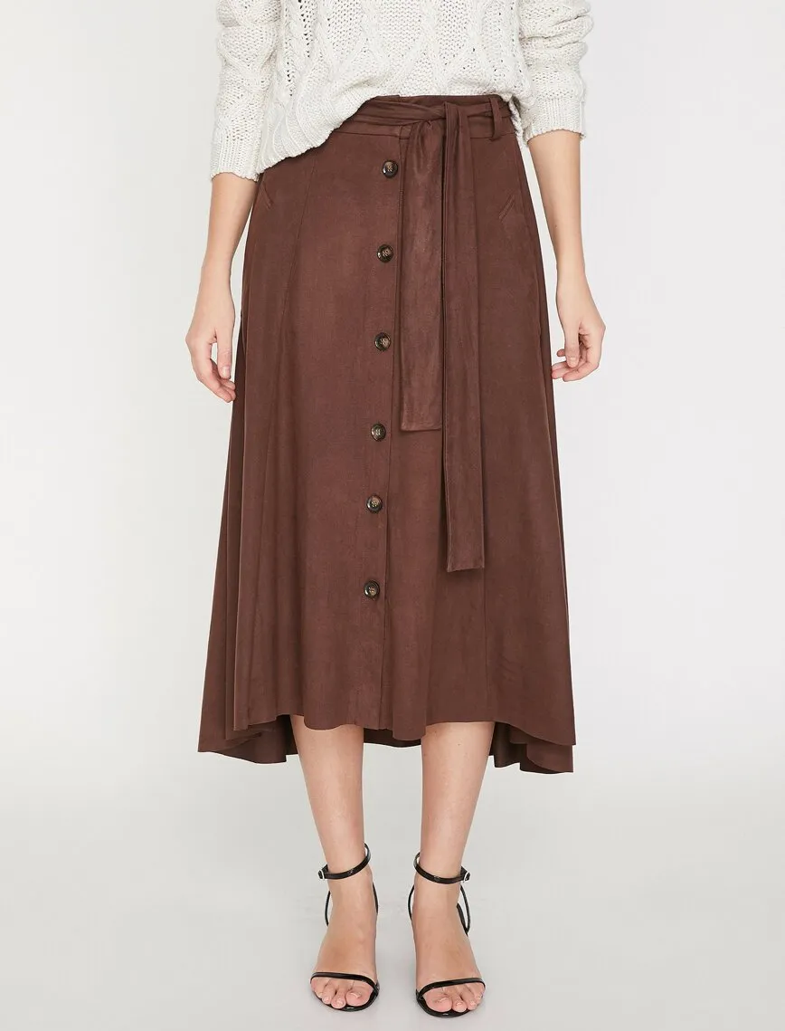 11961 Brown Tie Waist Midi Skirt