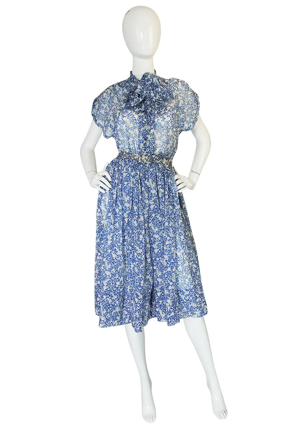 1940s Blue & White Chiffon Joker Print Novelty Dress