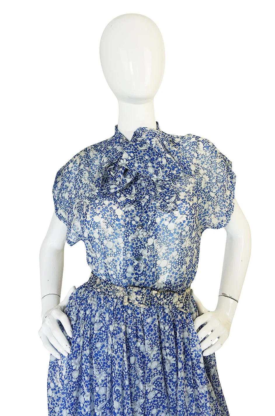 1940s Blue & White Chiffon Joker Print Novelty Dress