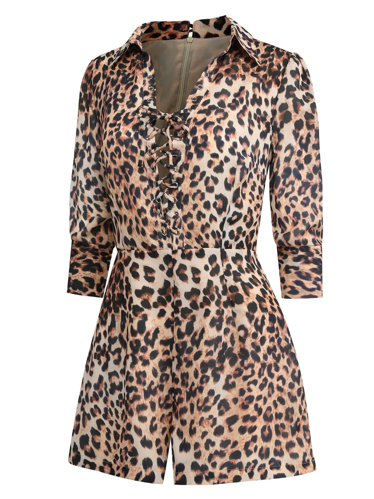 2PCS 1950s Leopard Lapel Romper & Khaki Skirt