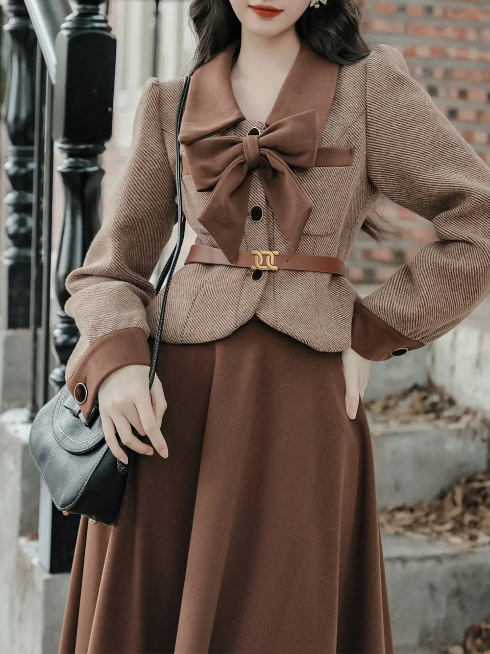 2PS Brown Bow Tweed Coat With Swing Skirt 1950S Vintage Audrey Hepburn's Style Outfits