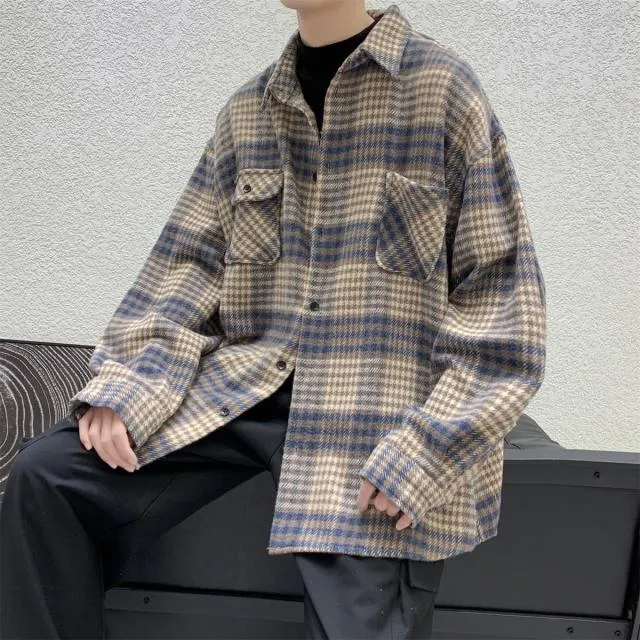 Aidase New Fashion Men Plaid Shirt Casual Loose Wool Jacket Coat Men Long Sleeve Shirt Mens Clothing Streetwear