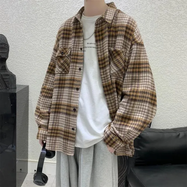 Aidase New Fashion Men Plaid Shirt Casual Loose Wool Jacket Coat Men Long Sleeve Shirt Mens Clothing Streetwear