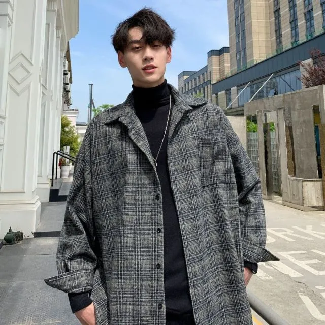 Aidase New Fashion Men Plaid Shirt Casual Loose Wool Jacket Coat Men Long Sleeve Shirt Mens Clothing Streetwear