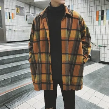 Aidase New Fashion Men Plaid Shirt Casual Loose Wool Jacket Coat Men Long Sleeve Shirt Mens Clothing Streetwear