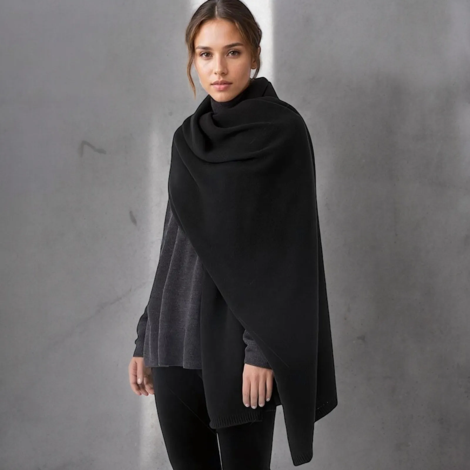 Black Large 100% Cashmere 2 ply knitted Julian Travel Wrap- New Soulful Cashmere Collection