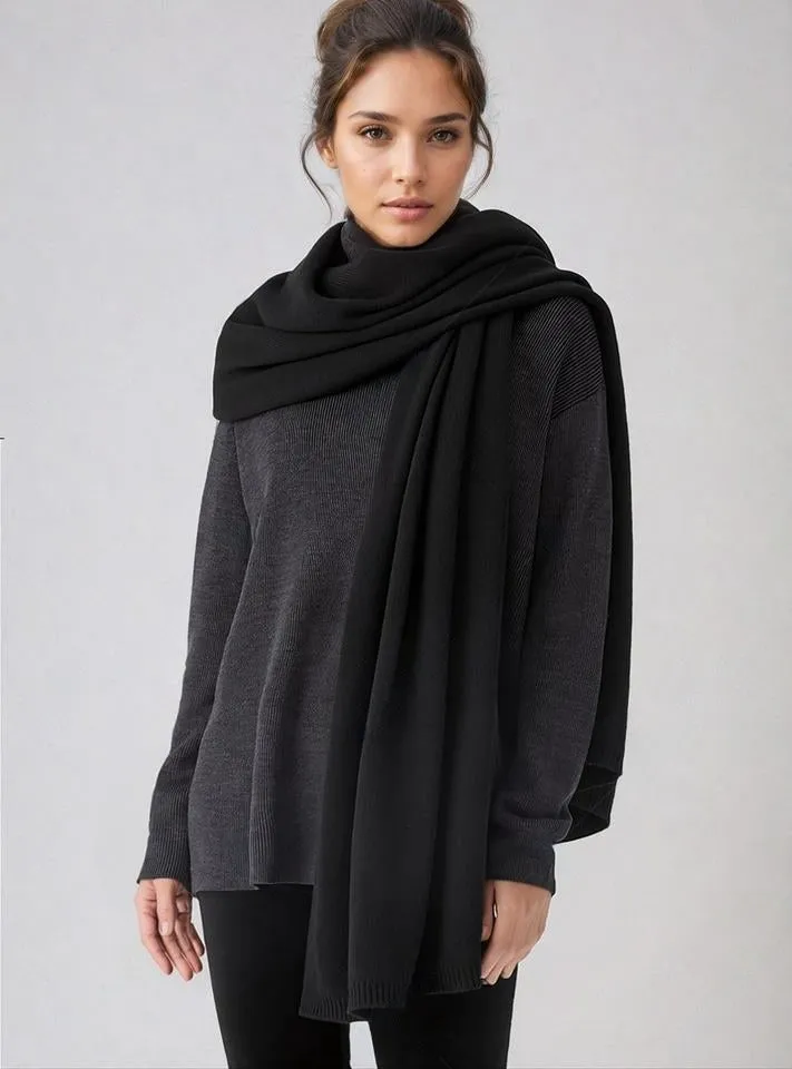 Black Large 100% Cashmere 2 ply knitted Julian Travel Wrap- New Soulful Cashmere Collection