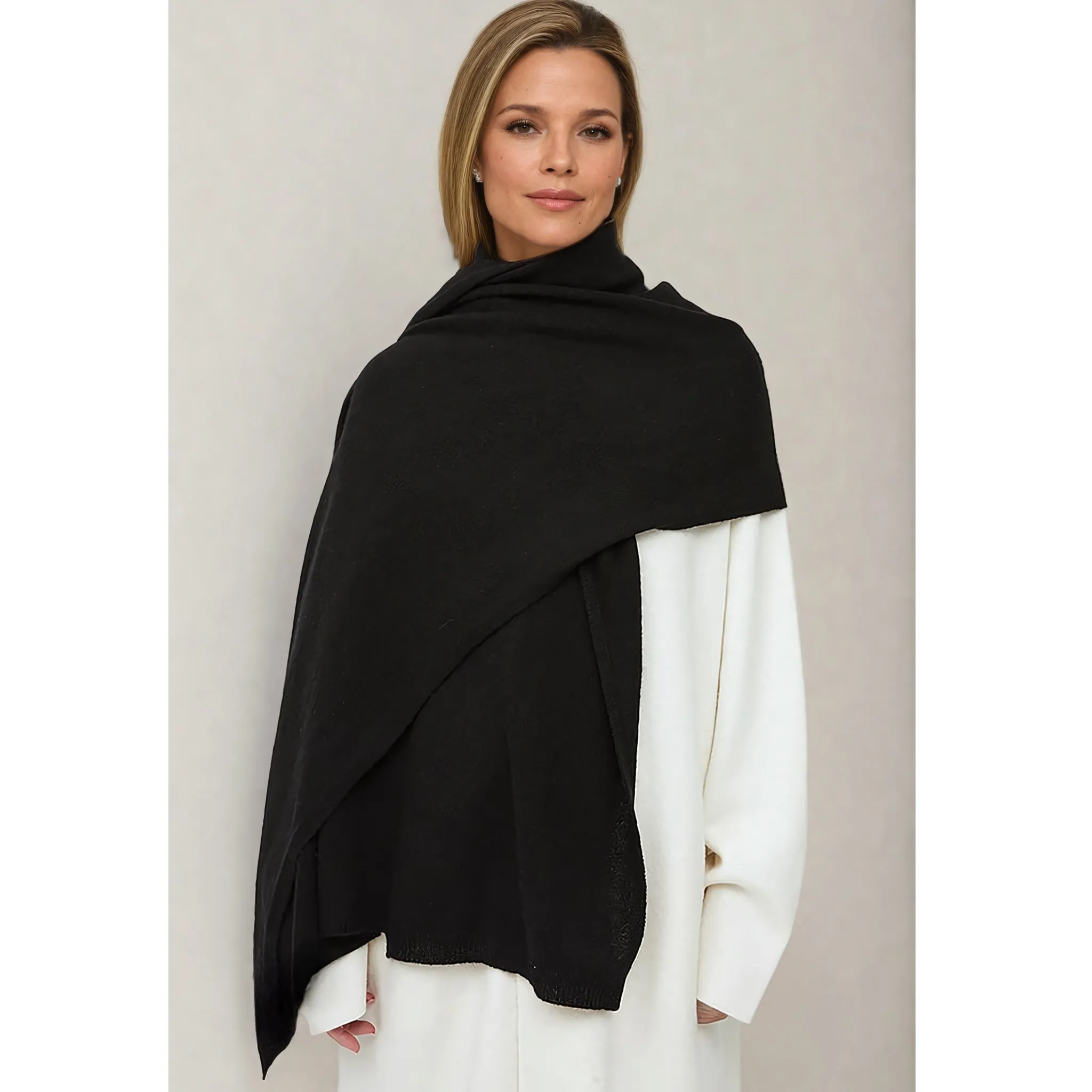 Black Large 100% Cashmere 2 ply knitted Julian Travel Wrap- New Soulful Cashmere Collection