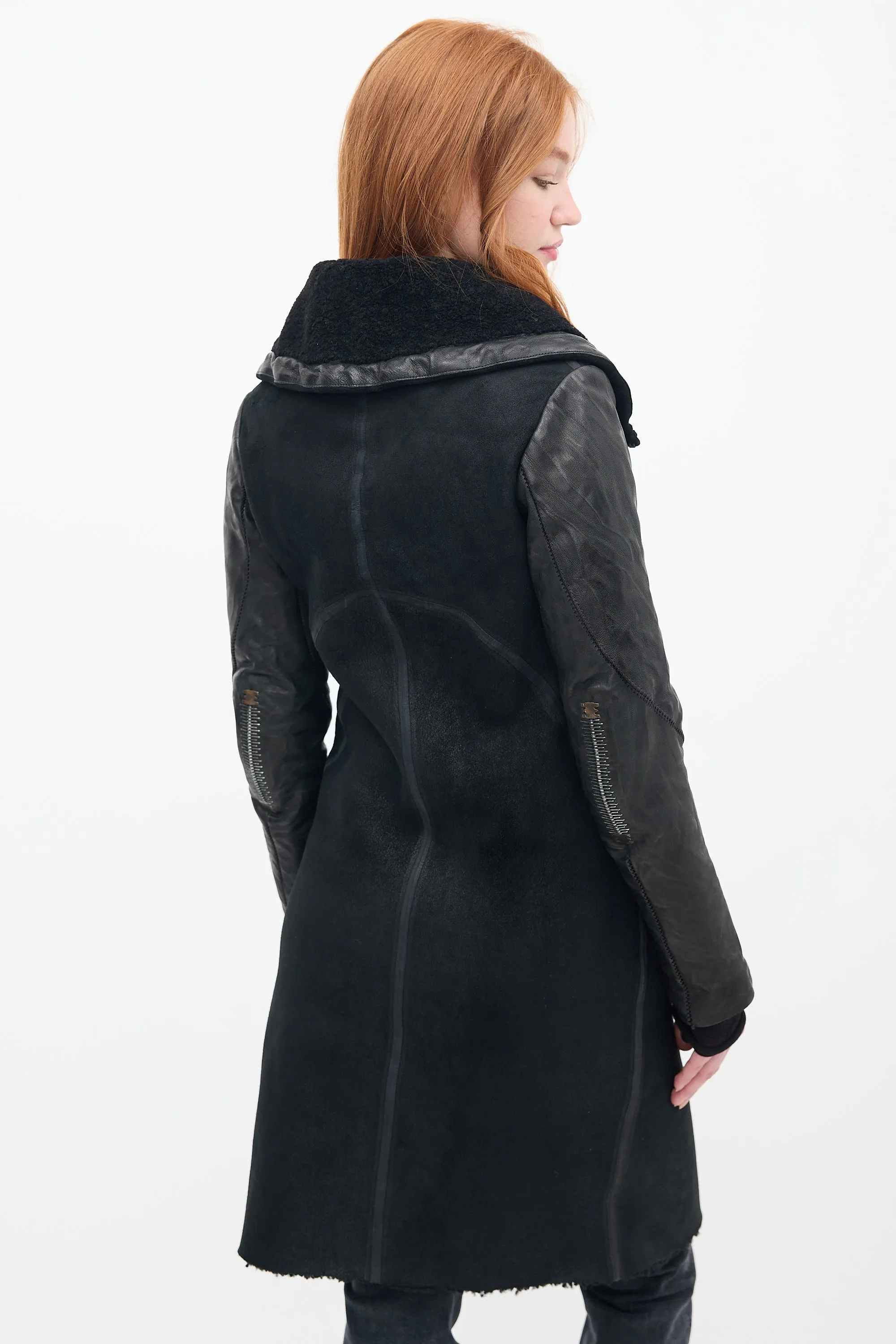 Black Shearling & Down Sleeve Coat