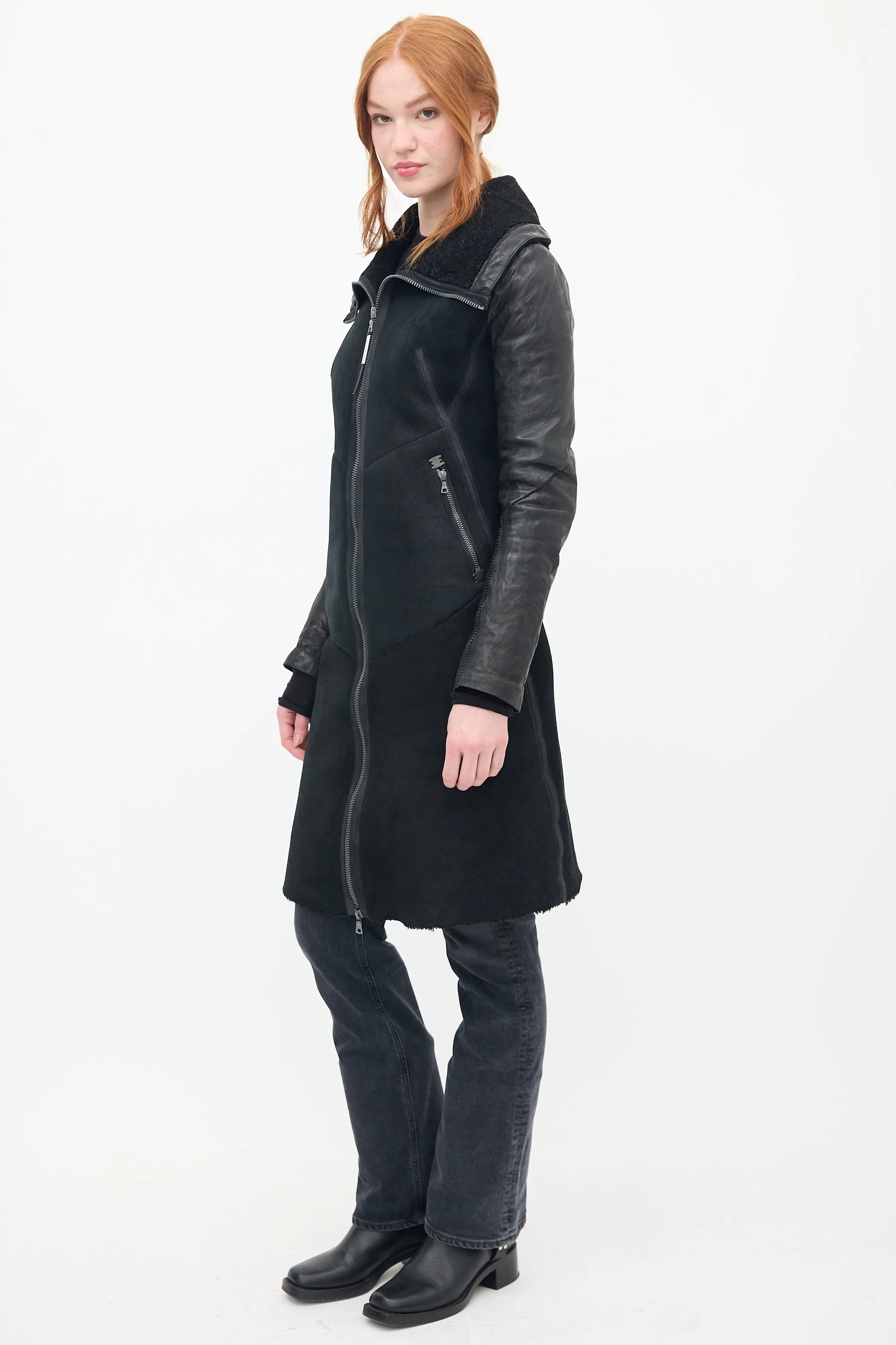 Black Shearling & Down Sleeve Coat