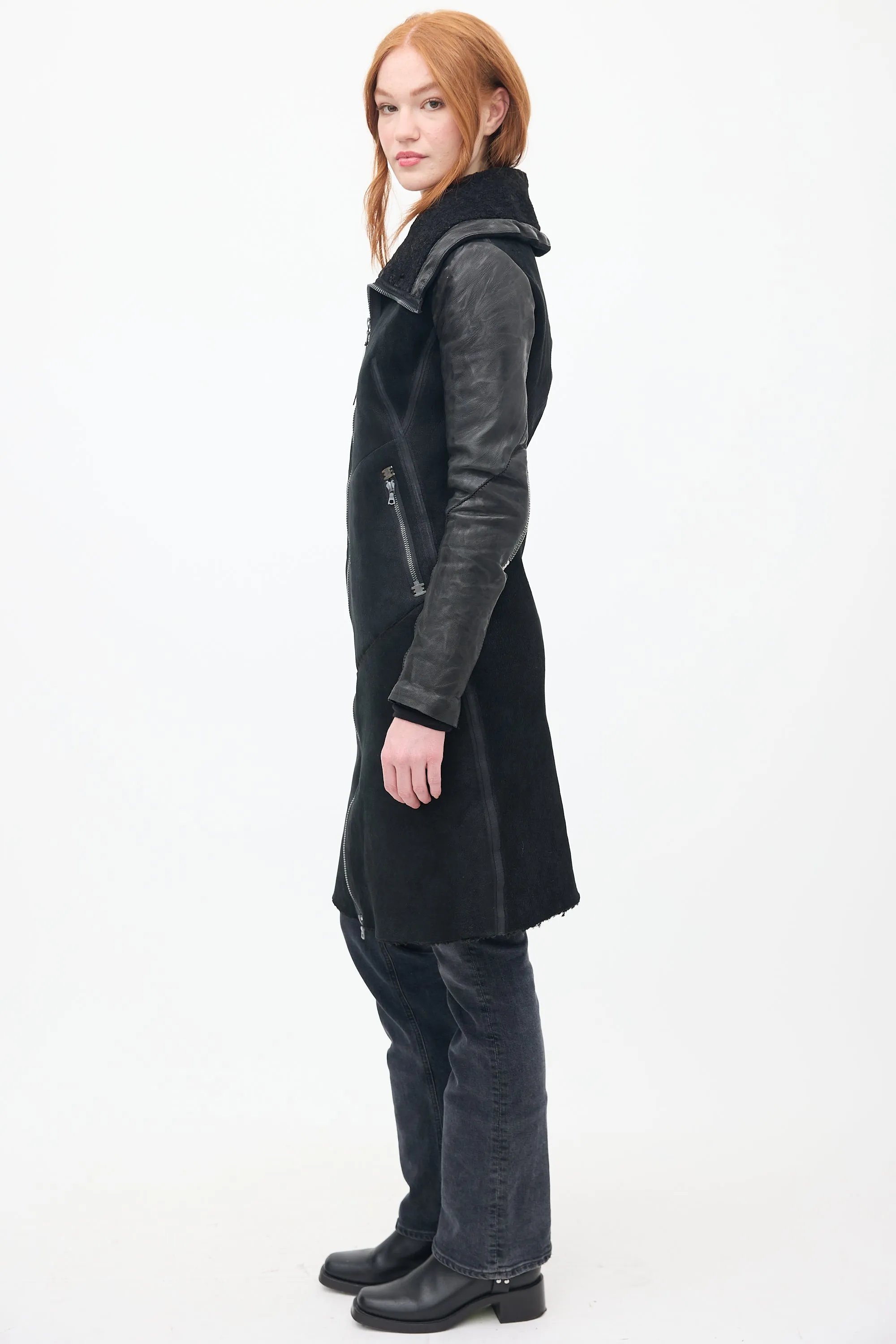 Black Shearling & Down Sleeve Coat