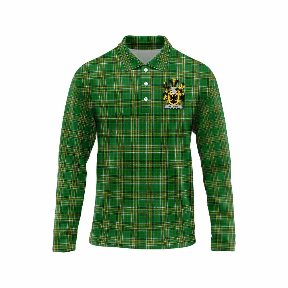 Browne Irish Clan Tartan Long Sleeve Polo Shirt with Coat of Arms