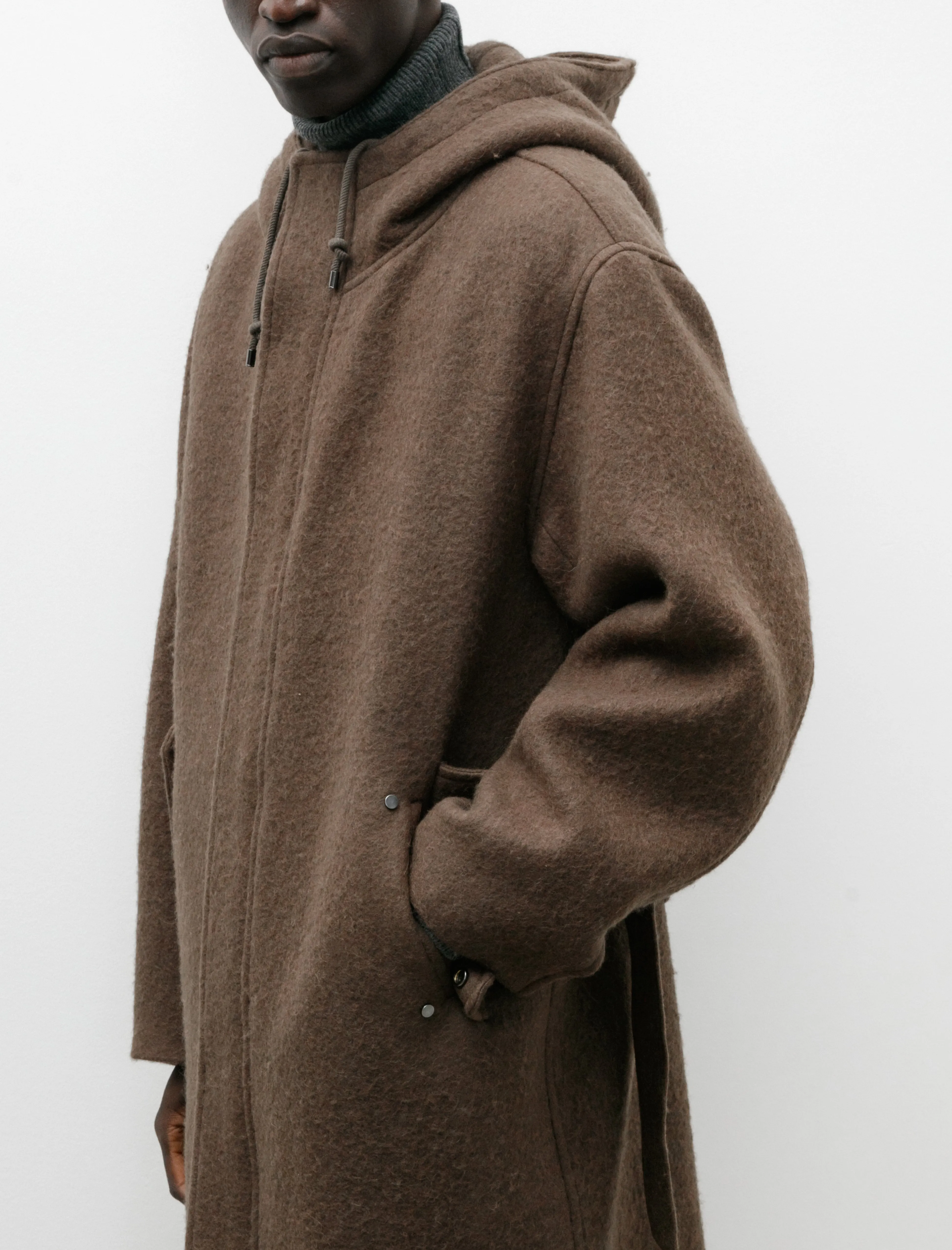 Brushed Alpaca Wool Melton Hooded Coat Dark Olive