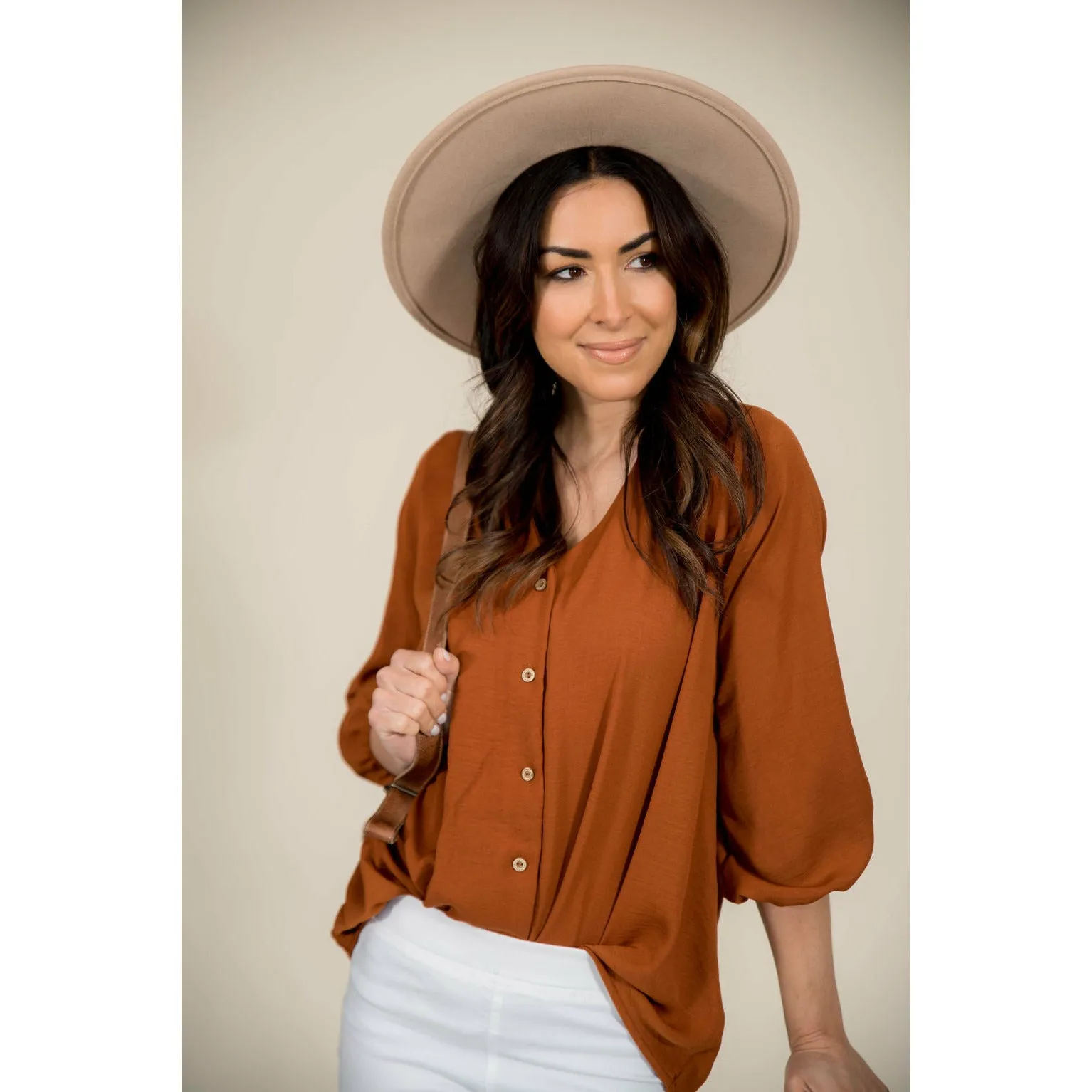 Button Wrap V-Neck Blouse