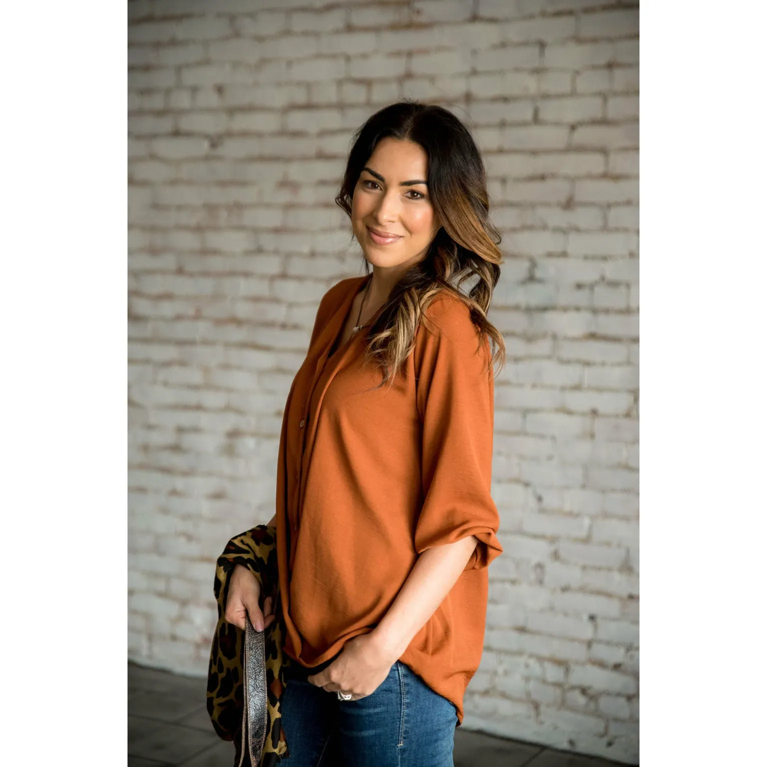 Button Wrap V-Neck Blouse