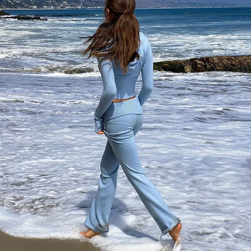 Casual Blue Zip Up Hoodie and Buckle Detail Low Rise Knit Flare Pants Matching Set