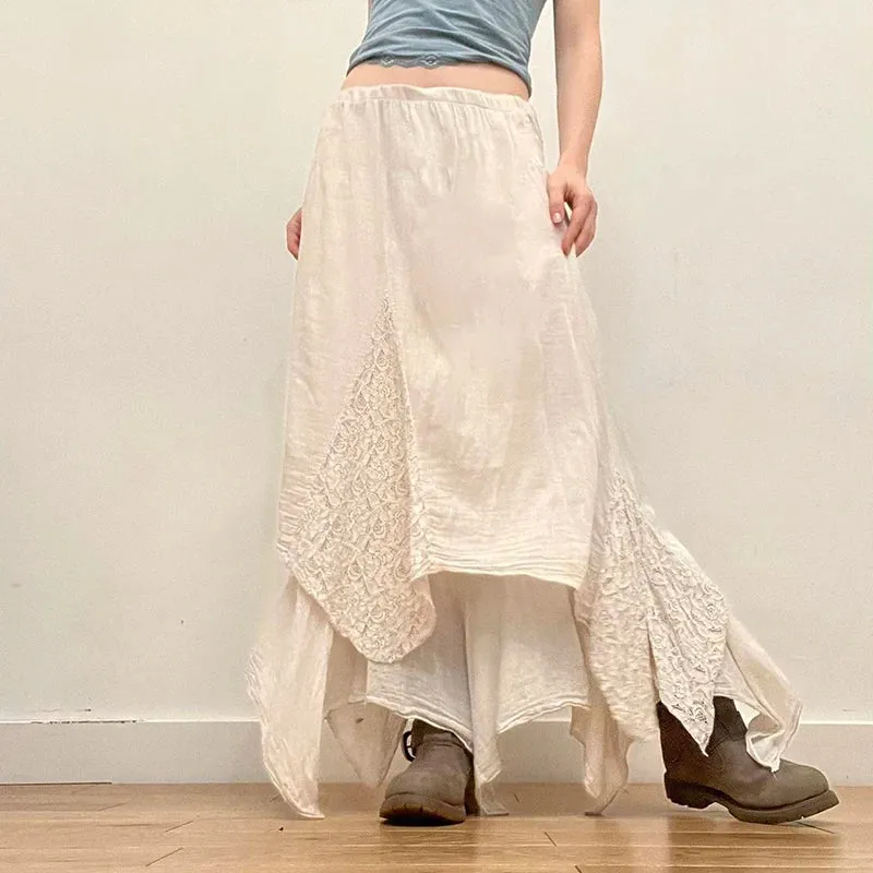 Chic Boho Lace Spliced Loose Maxi Skirt French Holidays Irrgular Hem Fashion Women Skirt Long Fairycore Tierred