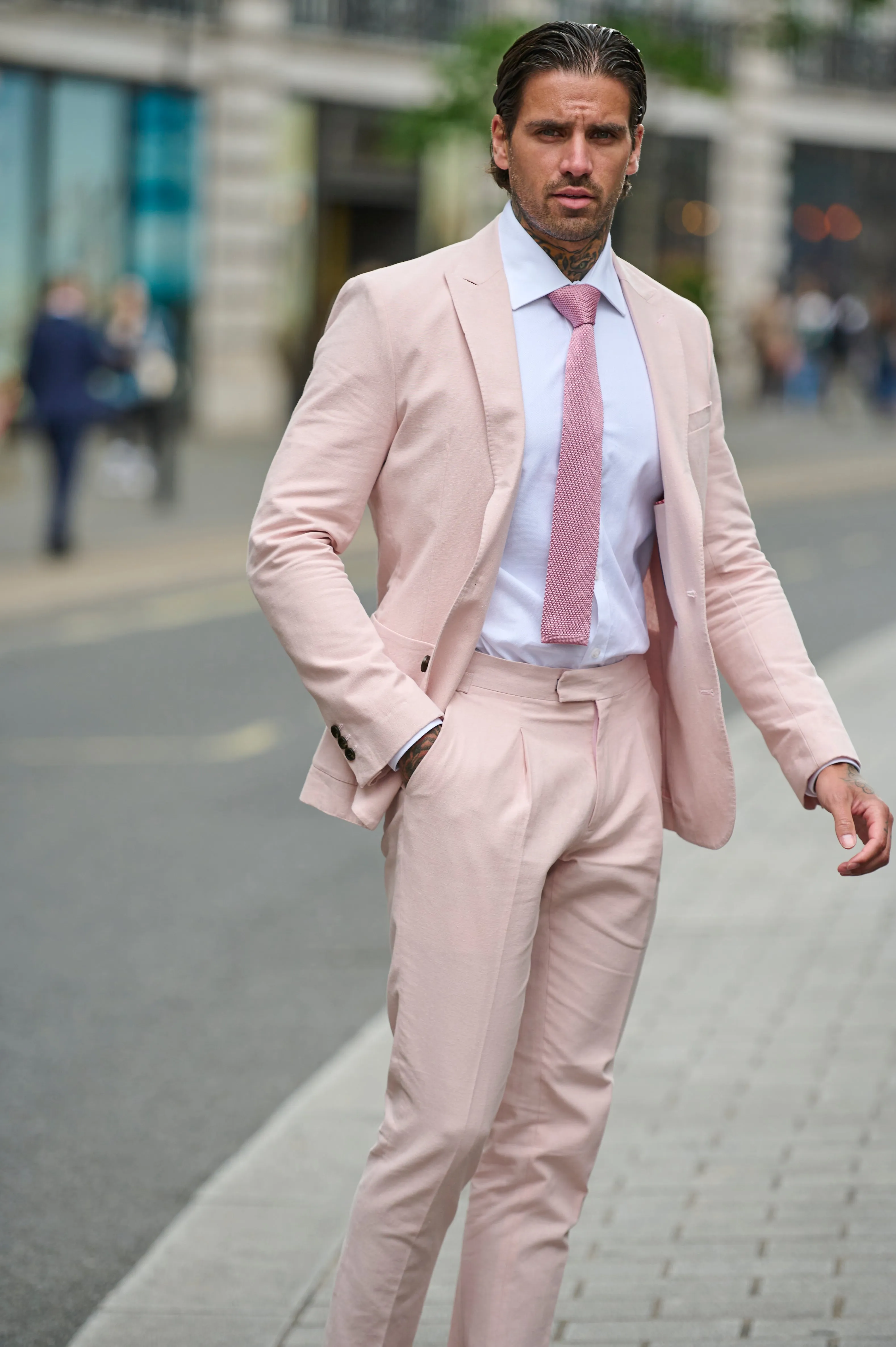 Chris Slim Fit Linen Cotton Blend Single Breasted Suit Blazer in Pink