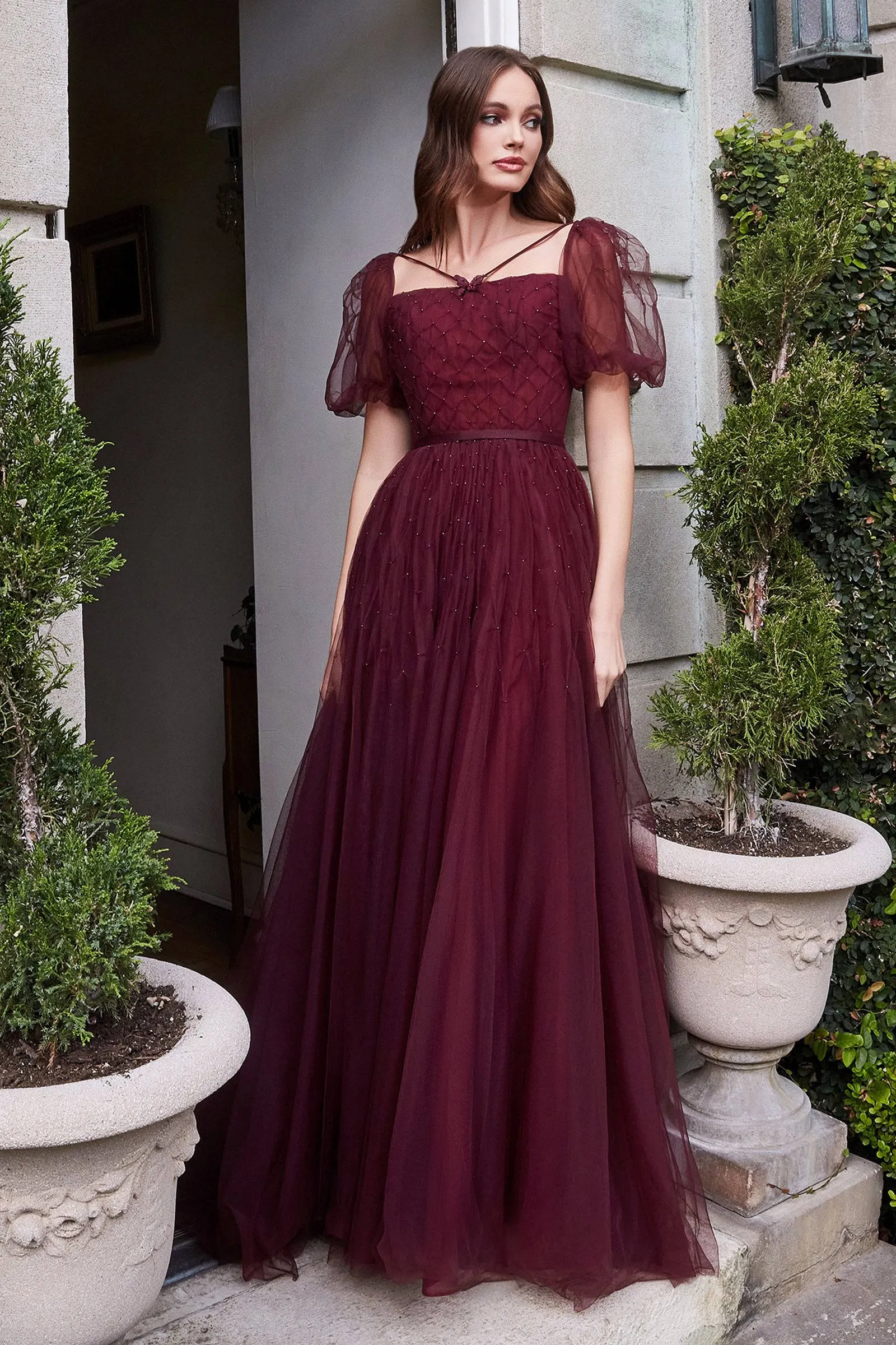 Cinderella Divine B712 Ladivine Burgundy Maroon Puff Sleeve Ball Gown