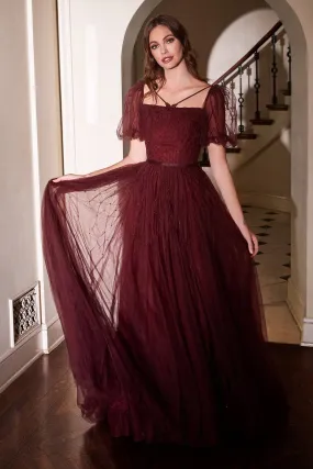 Cinderella Divine B712 Ladivine Burgundy Maroon Puff Sleeve Ball Gown