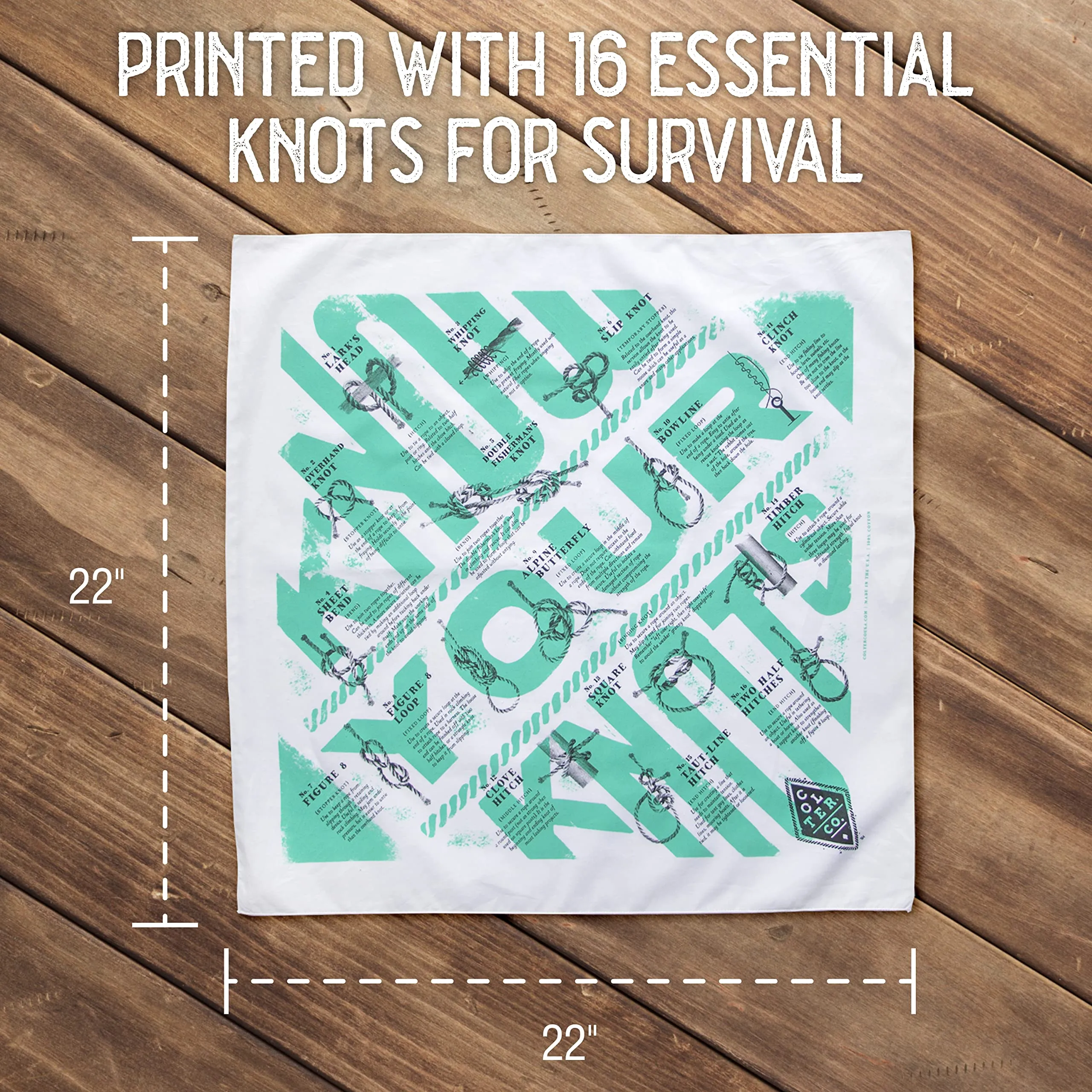 Colter Co. Know Your Knots Survival Bandana - 16 Tying Knots - 100% Cotton & Unique Bandanas For Men, Women, Kids - USA Made (22"x22", White)