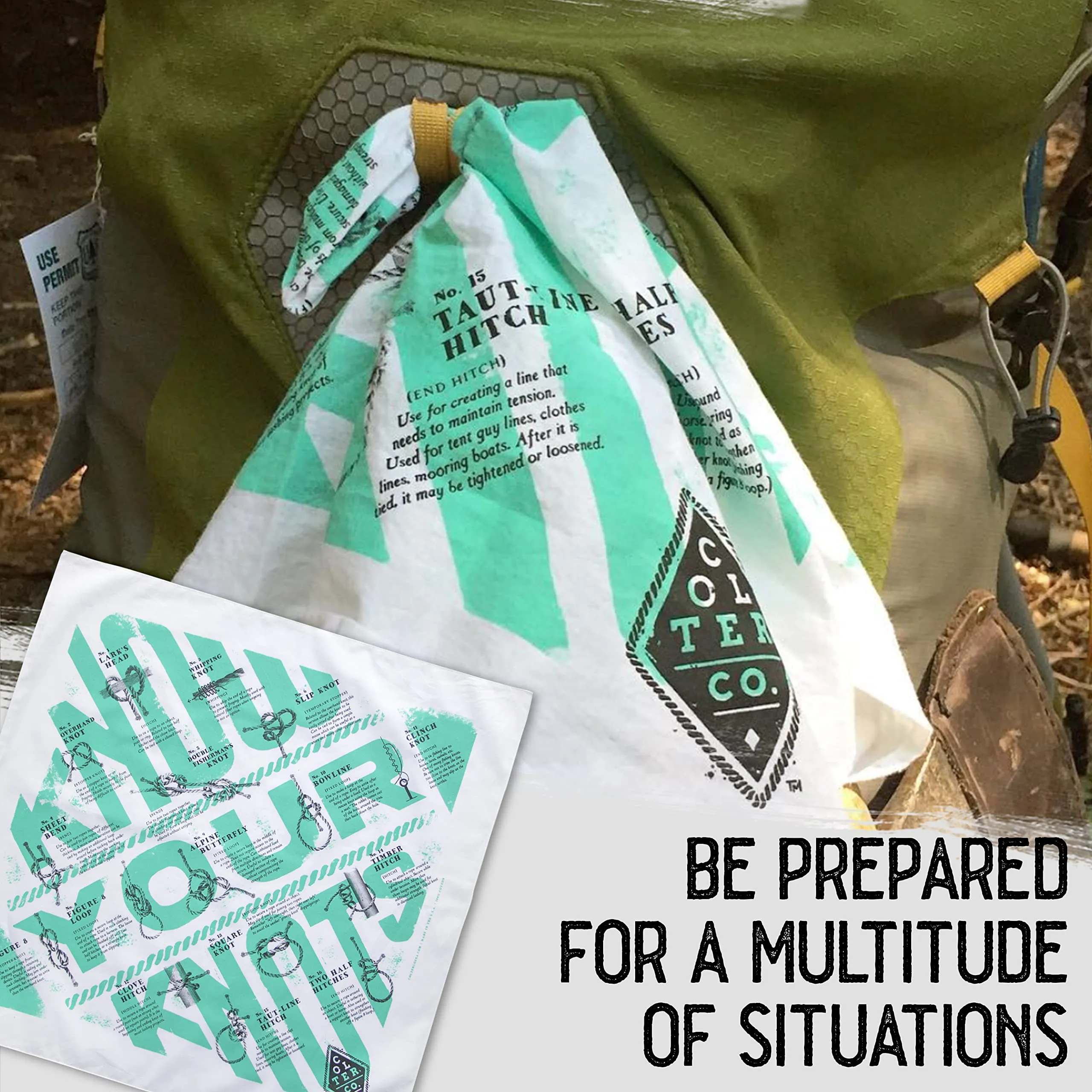 Colter Co. Know Your Knots Survival Bandana - 16 Tying Knots - 100% Cotton & Unique Bandanas For Men, Women, Kids - USA Made (22"x22", White)