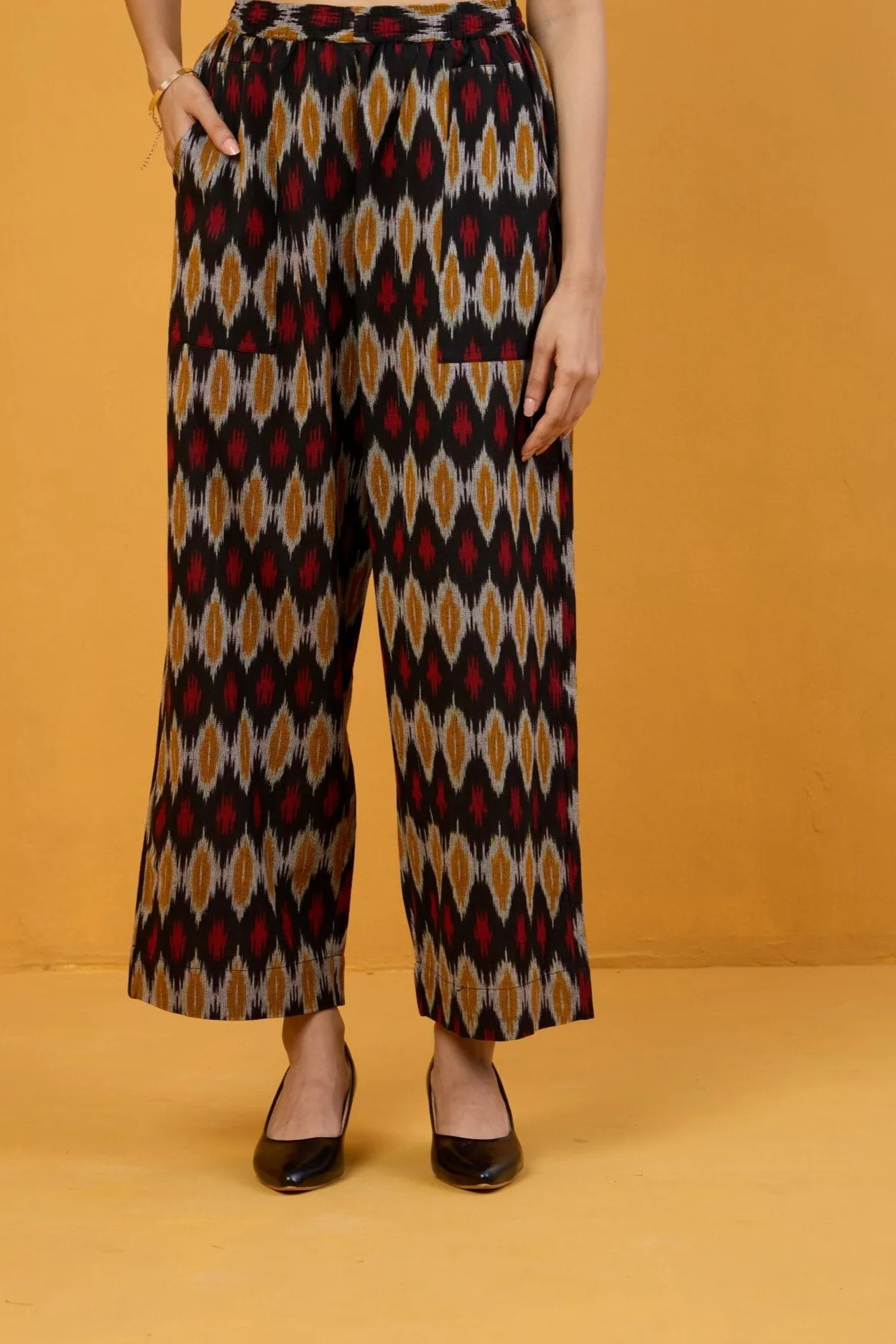 comfort fit pants - black mustard red ikat