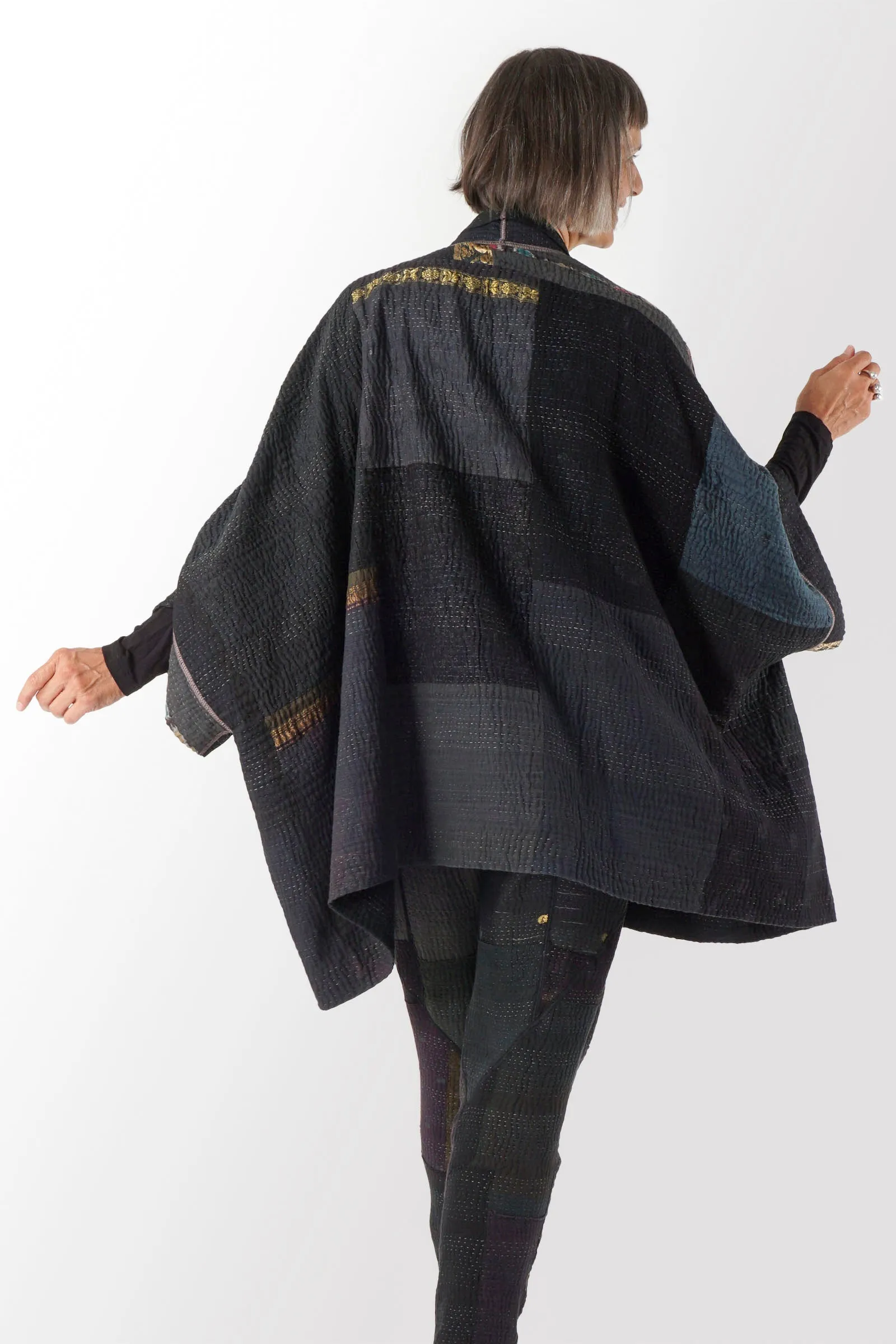 COTTON SILK SW PATCH KANTHA DOUBLE COLLAR PONCHO - ws4323-blk -