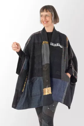 COTTON SILK SW PATCH KANTHA DOUBLE COLLAR PONCHO - ws4323-blk -