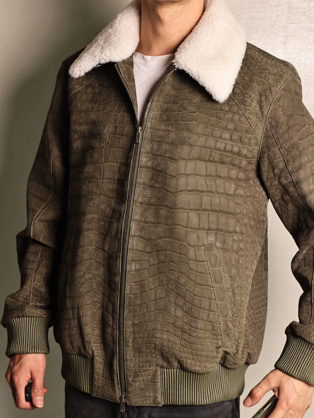 Crocodile Leather Jacket With Wool Collar ,Zip Up Casual Coat Rat Tail Green