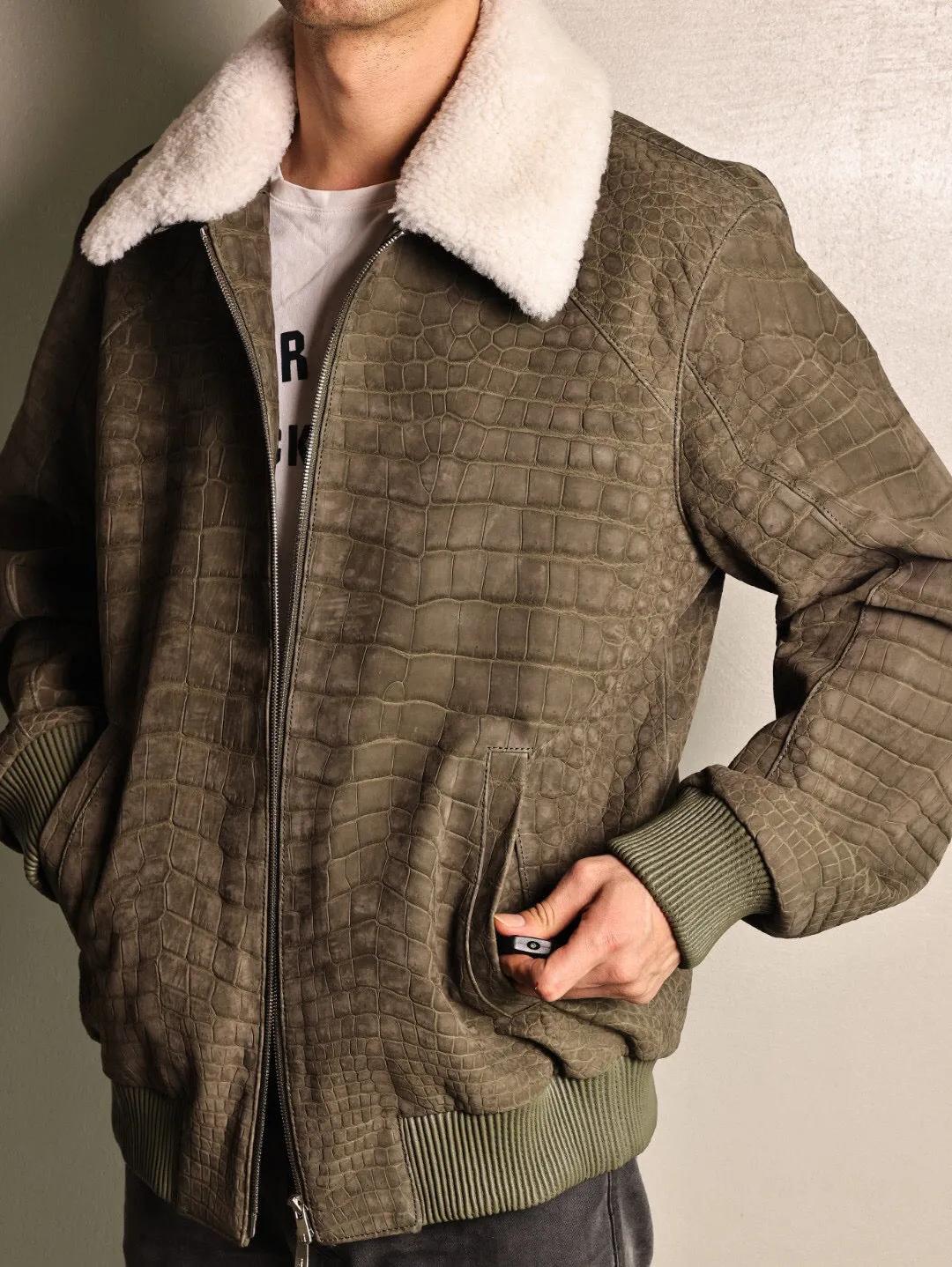 Crocodile Leather Jacket With Wool Collar ,Zip Up Casual Coat Rat Tail Green