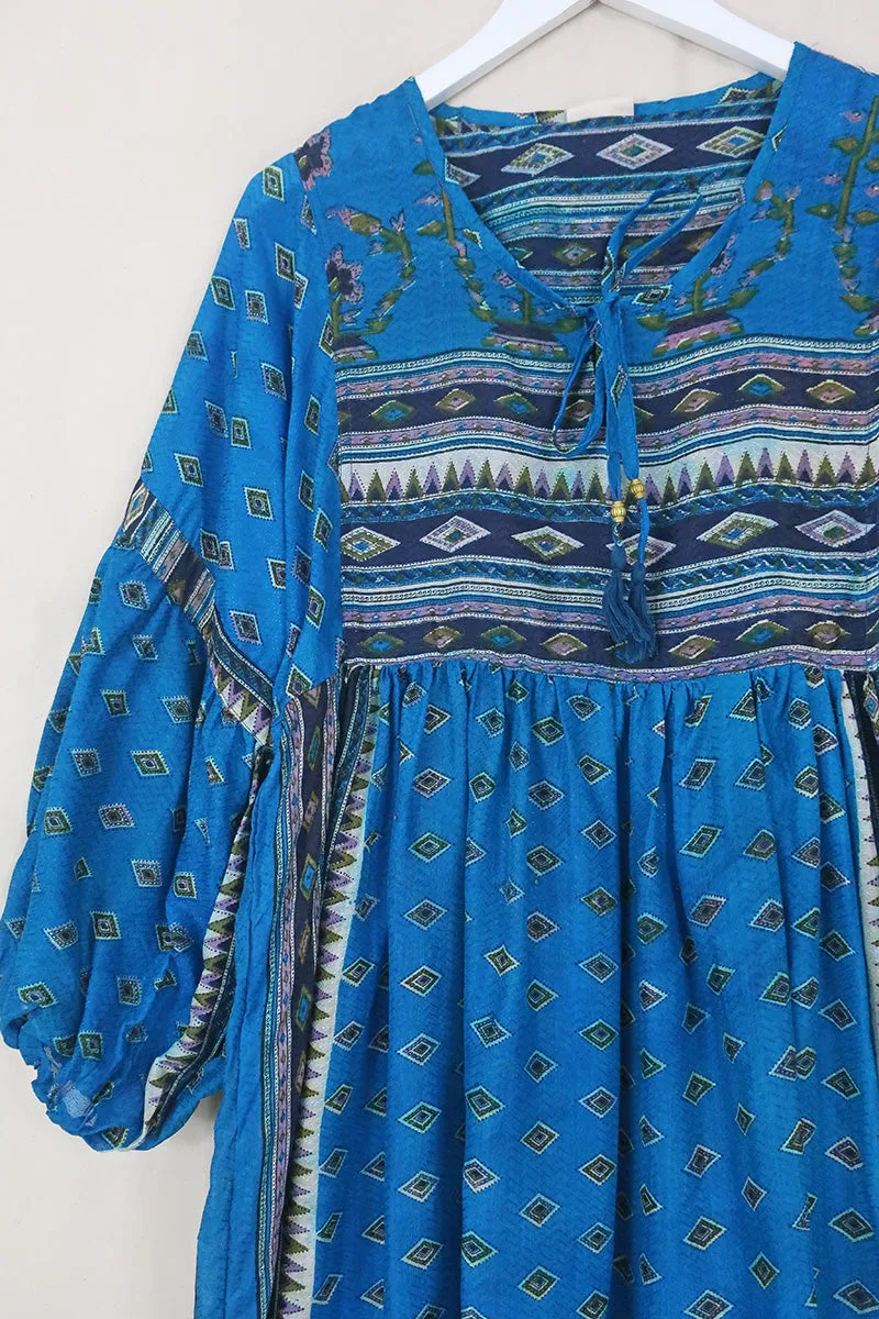 Daisy Maxi Smock Dress - Crystal Blue Diamond Print - Vintage Indian Cotton - Size XS