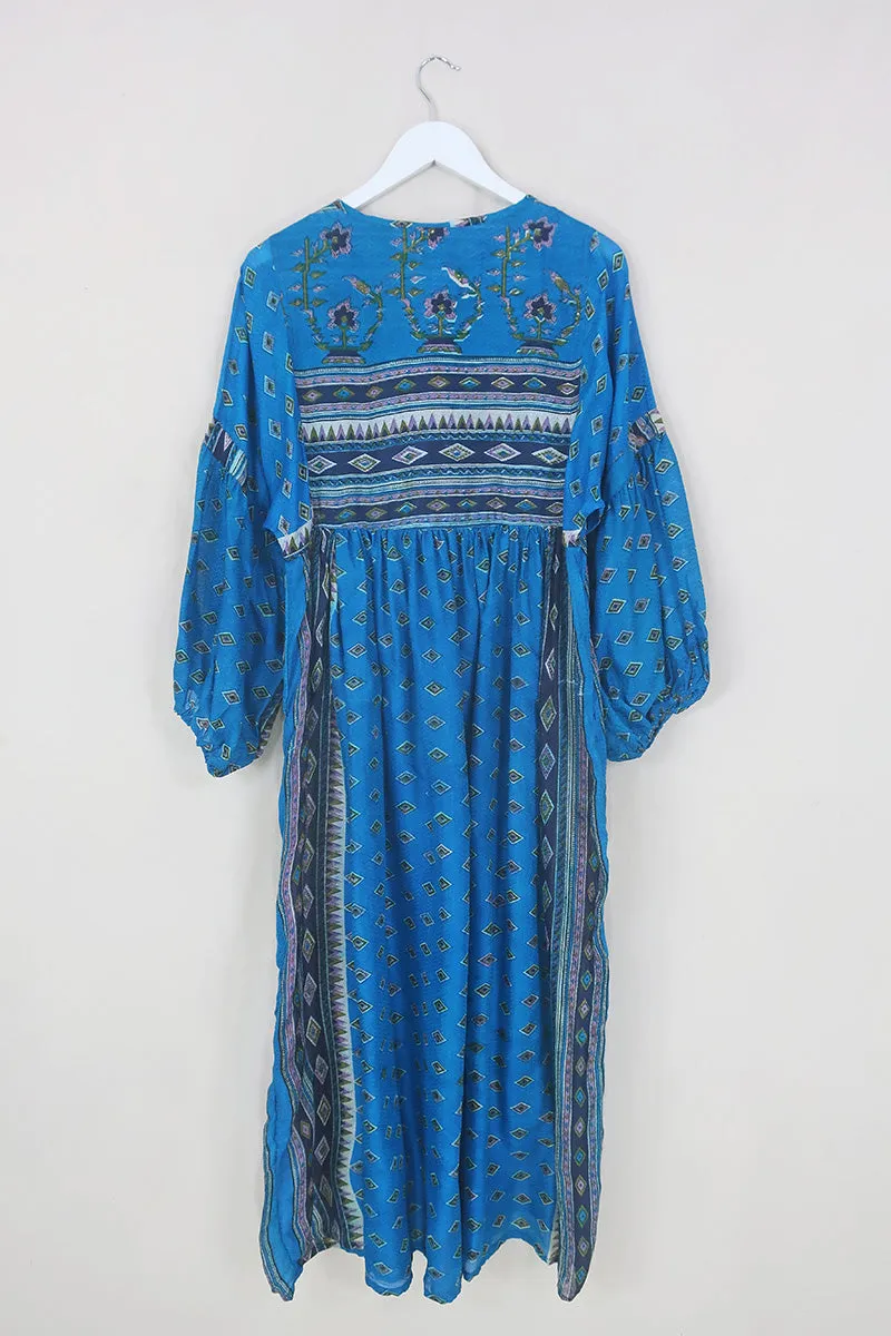 Daisy Maxi Smock Dress - Crystal Blue Diamond Print - Vintage Indian Cotton - Size XS