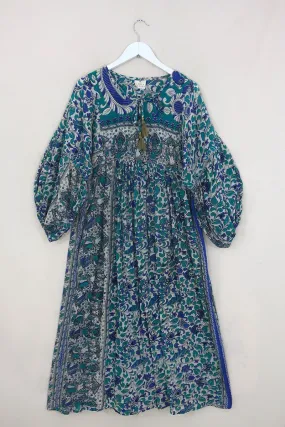 Daisy Maxi Smock Dress - Deep Sea Blue Floral Dancers - Vintage Indian Cotton - Size S/M