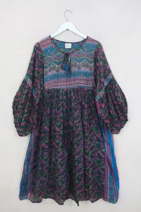 Daisy Midi Smock Dress - Blueberry Blooms & Pink Flora - Vintage Indian Cotton - Size XXL