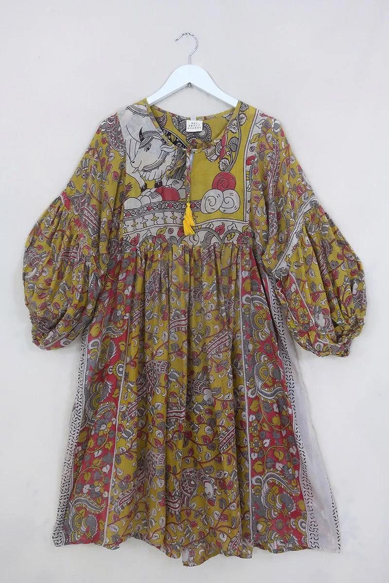 Daisy Midi Smock Dress - Buttercup Belle Yellow - Vintage Indian Cotton - Size L/XL