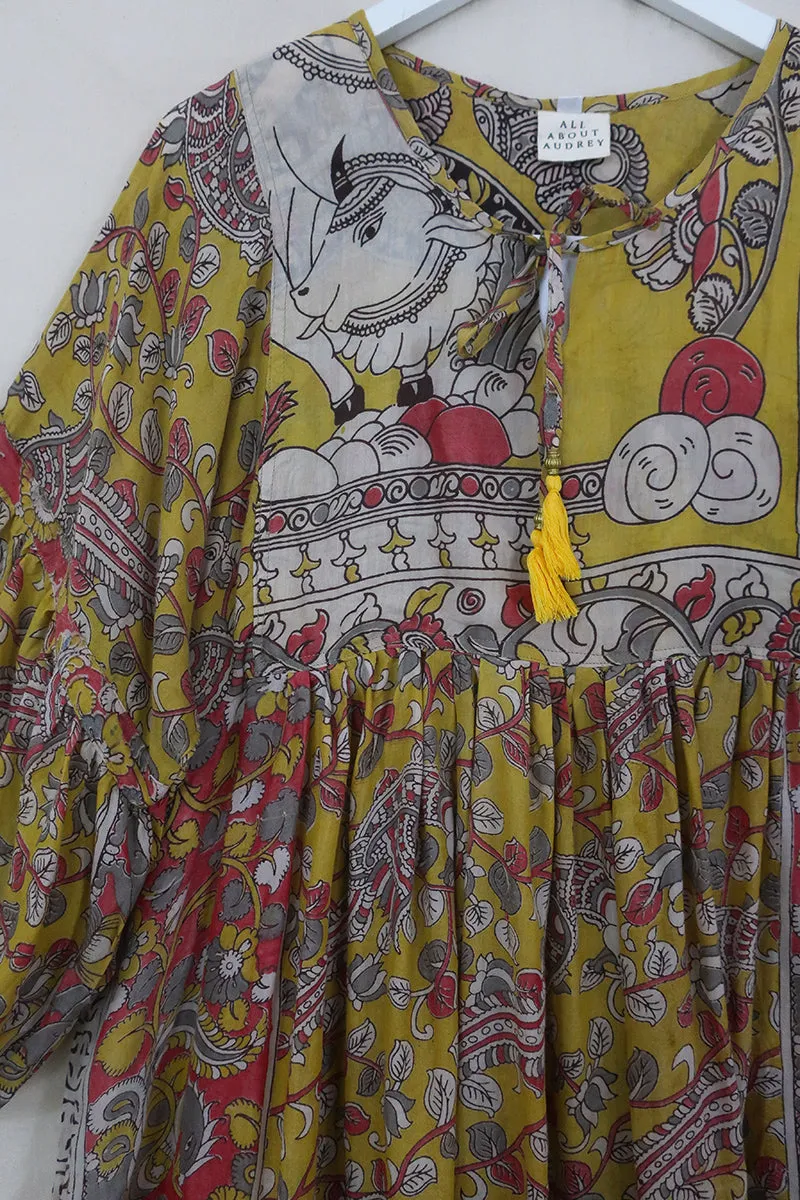 Daisy Midi Smock Dress - Buttercup Belle Yellow - Vintage Indian Cotton - Size L/XL