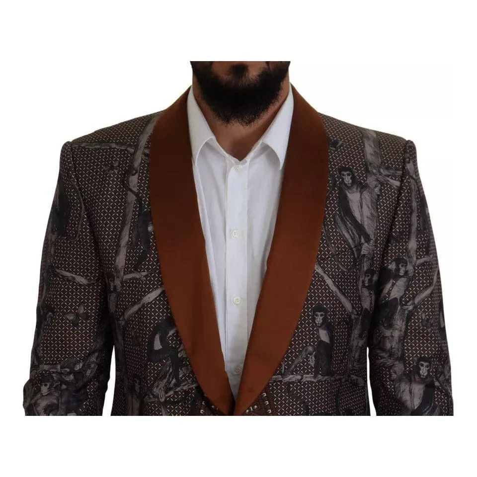 Dolce & Gabbana Bronze Monkey Print Silk Slim Jacket Blazer