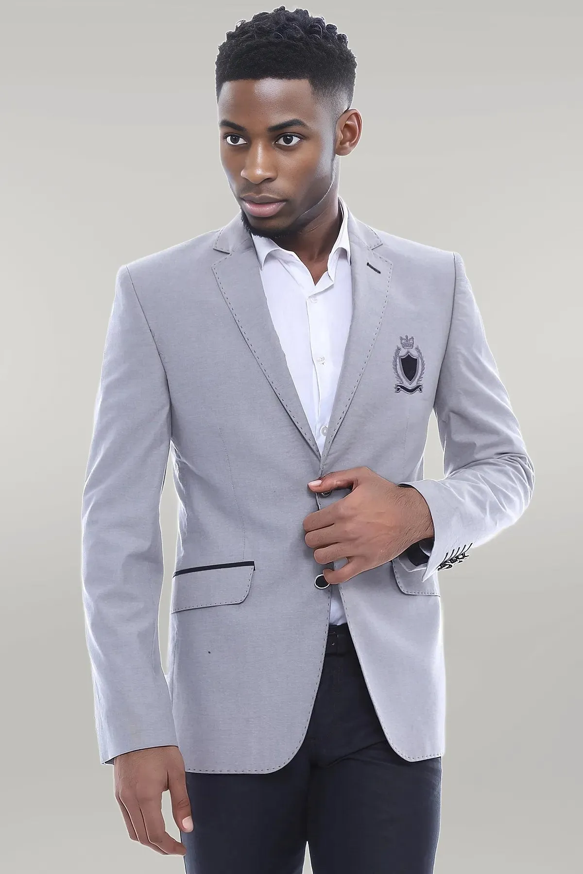 Double Button Mono Lapel Crested Grey Jacket-Wessi