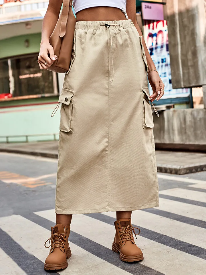 Drawstring Waist Slit Denim Skirt