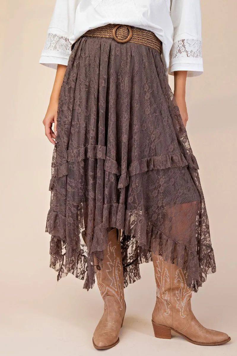 Easel Cocoa Lace Tier Midi Skirt