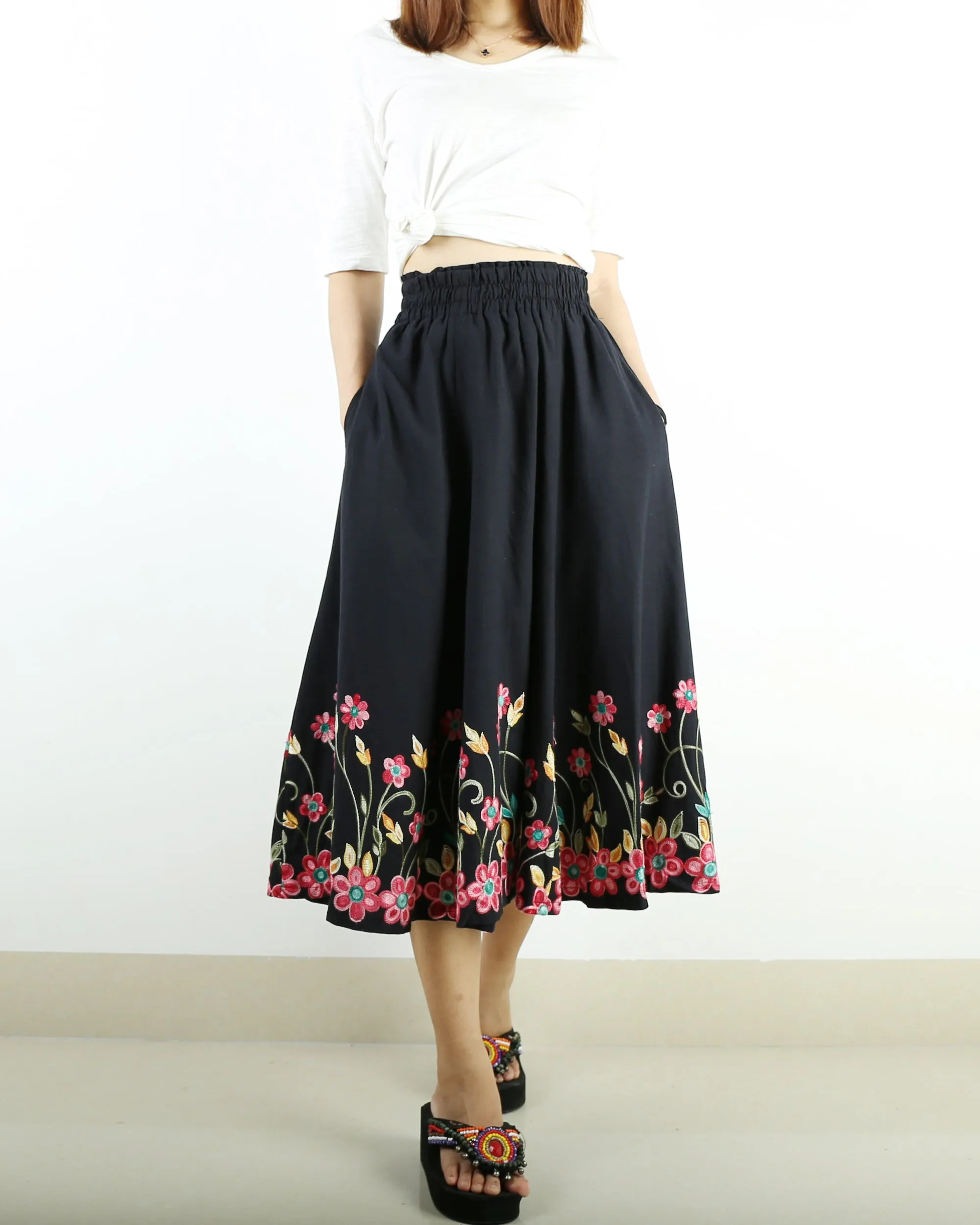 elastic waist skirt, high waist skirt, linen skirt, embroidery skirt, maxi skirt, custom made, long skirt (Q1898)