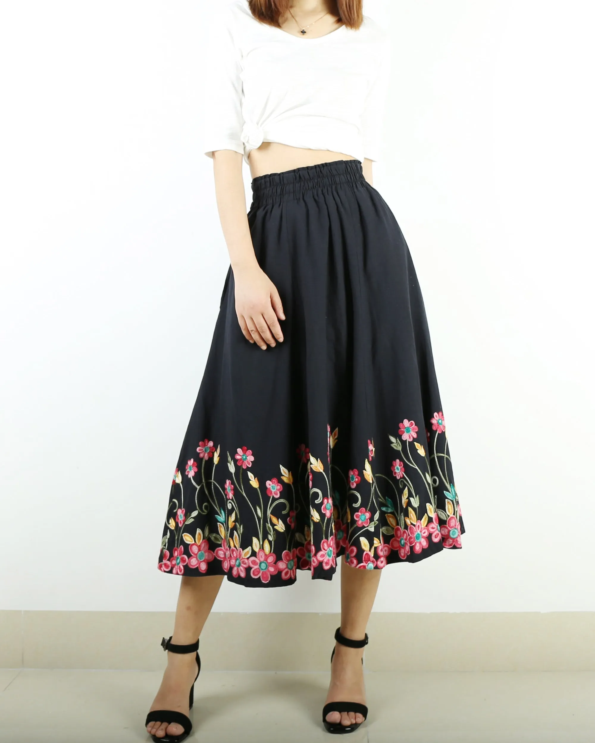 elastic waist skirt, high waist skirt, linen skirt, embroidery skirt, maxi skirt, custom made, long skirt (Q1898)