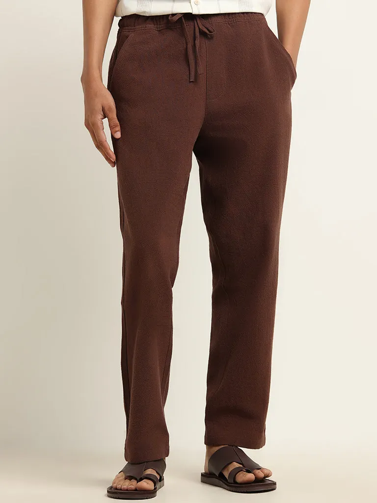 ETA Brown Self-Patterned Cotton Slim Fit Chinos