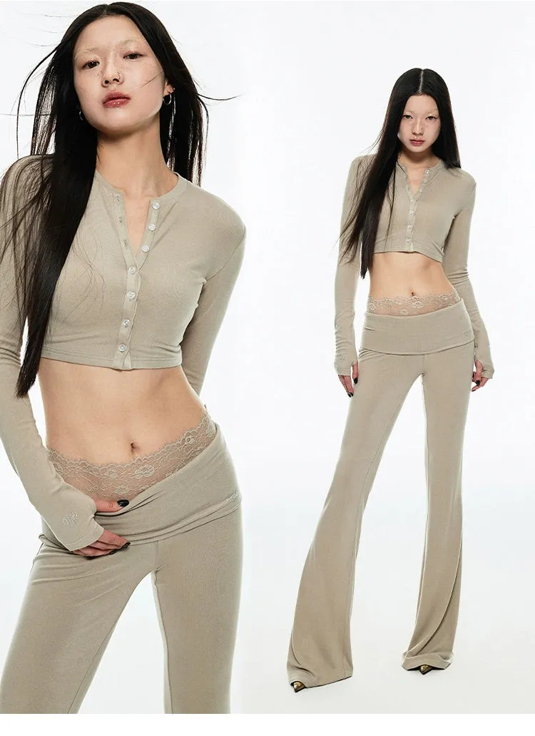 (Final Sale) Crewneck Short Cardigan & Flared Pants Set