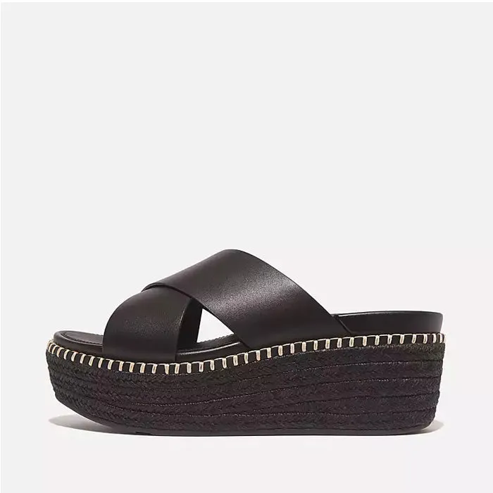 Fitflop Women Eloise Espadrille Leather Wedge Cross Slides |HS6-001| Black